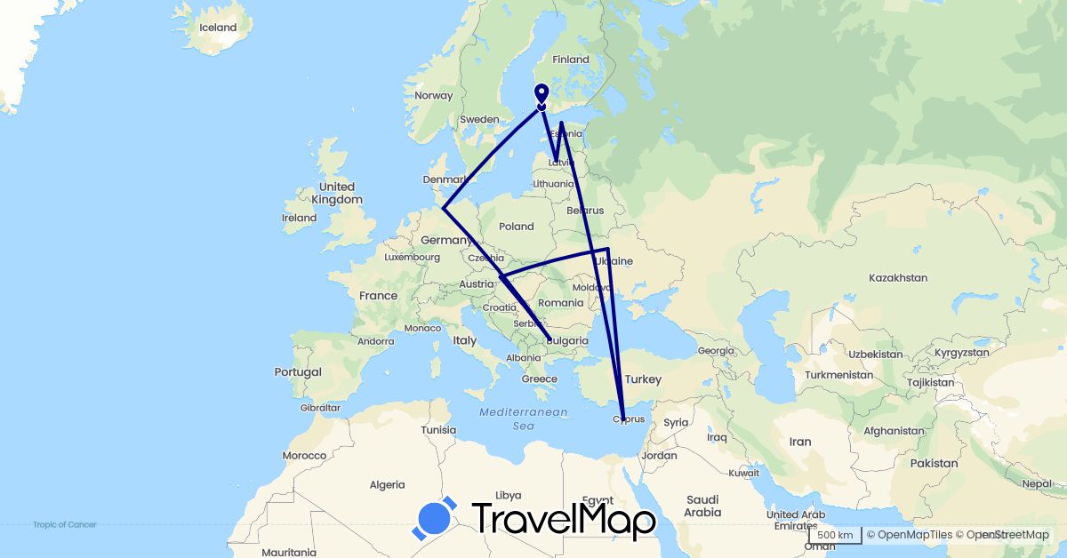 TravelMap itinerary: driving in Bulgaria, Cyprus, Germany, Estonia, Finland, Latvia, Slovakia, Ukraine (Asia, Europe)